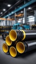 Stack of black and yellow industrial pipes in factory setting, showcasing industrial manufacturing and construction Royalty Free Stock Photo