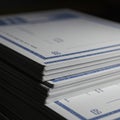 Stack of blank checks with decorative blue borders, neatly piled on top of each other. Royalty Free Stock Photo