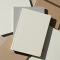 Stack of blank hardcover journals with beige, white, and light brown covers. Covers hav Royalty Free Stock Photo