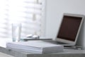 Stack of blank paper sheets on grey table in office, closeup Royalty Free Stock Photo