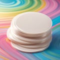 Stack of Blank Round Coasters on a Swirling Rainbow Background Royalty Free Stock Photo