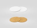 Stack of blank white and cork textured beer coasters mockup,