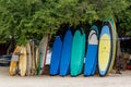 Stack of blue color soft surfboards