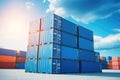 Stack of blue container boxes with sky background. Cargo freight shipping for import and export logistics Royalty Free Stock Photo