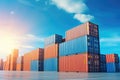 Stack of blue container boxes with sky background. Cargo freight shipping for import and export logistics Royalty Free Stock Photo