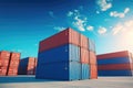 Stack of blue container boxes with sky background. Cargo freight shipping for import and export logistics Royalty Free Stock Photo