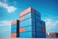 Stack of blue container boxes with sky background. Cargo freight shipping for import and export logistics Royalty Free Stock Photo