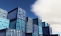 Stack of blue container boxes with sky background. Cargo freight shipping for import and export logistics. Business and Royalty Free Stock Photo