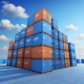 Stack of blue container boxes with sky background. Cargo freight shipping for import and export logistics - generated by ai Royalty Free Stock Photo