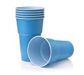 Stack of blue disposable plastic beer cups