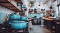 A stack of blue pots and pans on a stove top, AI