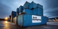 Stack of blue shipping container, industrial area, cloudy sky, anti dumping sign, evening light Royalty Free Stock Photo