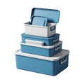 A stack of blue and white plastic storage containers isolated on white background Royalty Free Stock Photo