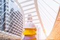 Stack of blue, yellow, white hard safety helmet on concrete floor in construction site. Personal protective equipment hat for Royalty Free Stock Photo