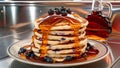 A stack of blueberry pancakes drizzled with maple syrup