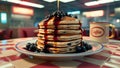 A stack of blueberry pancakes drizzled with maple syrup in a retro style diner Royalty Free Stock Photo