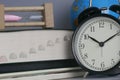 Stack of book with hourglass,globe and clock. Education,time and world concept