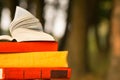 Stack of book and Open hardback book on blurred nature landscape backdrop. Copy space, back to school. Education background. Royalty Free Stock Photo