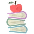 A stack of books and an apple for a snack. Three books with red appetizing apple icon in flat style isolated on Royalty Free Stock Photo