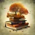 Stack of books with autumn tree and leaves Fall Reading back to school theme
