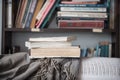 A stack of books on the background of the library Royalty Free Stock Photo