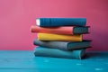 Stack of Books on Blue Table. Generative AI Royalty Free Stock Photo