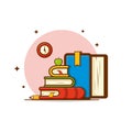 A stack of books with bookmarks, a green apple and a clock on a pink background. Color illustration in a flat style. Stylized icon Royalty Free Stock Photo