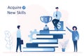 Stack of books with businessman and victory cup on top, new male business student and female mentor