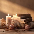 a stack of books and a candle on a table Royalty Free Stock Photo