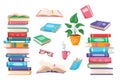 Stack of books. Cartoon pile of open and closed books, school education and home library concept. Vector isolated set Royalty Free Stock Photo