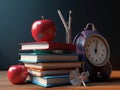 Stack of books, a clock and an apple on a wooden table with a black background