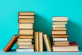 Stack of books close-up on minimalist background with copy space. International book day concept