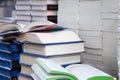 stack of books, close up. Open book on the table in library. Back to school concept. Royalty Free Stock Photo