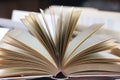 stack of books, close up. Open book on the table in library. Back to school concept. Royalty Free Stock Photo