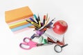 Stack of books and colorful school supplies on white background.photo with copy space Royalty Free Stock Photo