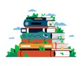 Stack of books concept. Vector conceptual illustration of a pile of different books among nature and plants. Concept of education