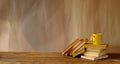 Stack of books, cup of coffee, panorama, good copy space Royalty Free Stock Photo