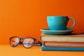 A Stack of Books, Cup of Coffee, and Reading Glasses Royalty Free Stock Photo