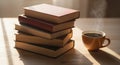 Stack of books and a cup of coffee on a table Royalty Free Stock Photo