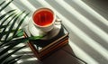 Stack of books with a cup of tea on a light gray table, soft shadows from window Royalty Free Stock Photo