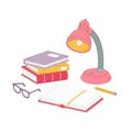 Stack of books, desk lamp, glasses, and a pencil on the table. The student`s workplace in the classroom or at home Royalty Free Stock Photo