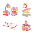 Stack of books, desk lamp, glasses, and a pencil on the table. The student`s workplace in the classroom or at home