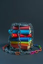 A stack of books of different colors and sizes wrapped in chains and locked with a padlock, concept of censorship Royalty Free Stock Photo
