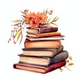stack of books with flowers watercolor autumn time illustration for planner or DIY Royalty Free Stock Photo