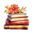 stack of books with flowers watercolor autumn time illustration for planner or DIY Royalty Free Stock Photo