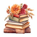 stack of books with flowers watercolor autumn time illustration for planner or DIY Royalty Free Stock Photo