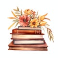 stack of books with flowers watercolor autumn time illustration for planner or DIY Royalty Free Stock Photo