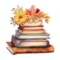 stack of books with flowers watercolor autumn time illustration for planner or DIY Royalty Free Stock Photo