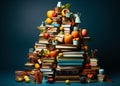 Stack of books with fruits and vegetables in the shape of a pyramid. A pile of books with an apple on top Royalty Free Stock Photo