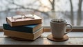 Stack Of Books With Glasses And Steaming Coffee Cup reading Royalty Free Stock Photo